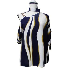 Shein Women’s One Cold Shoulder Mock Neck Tunic, Navy/White/Gold, Sz. S